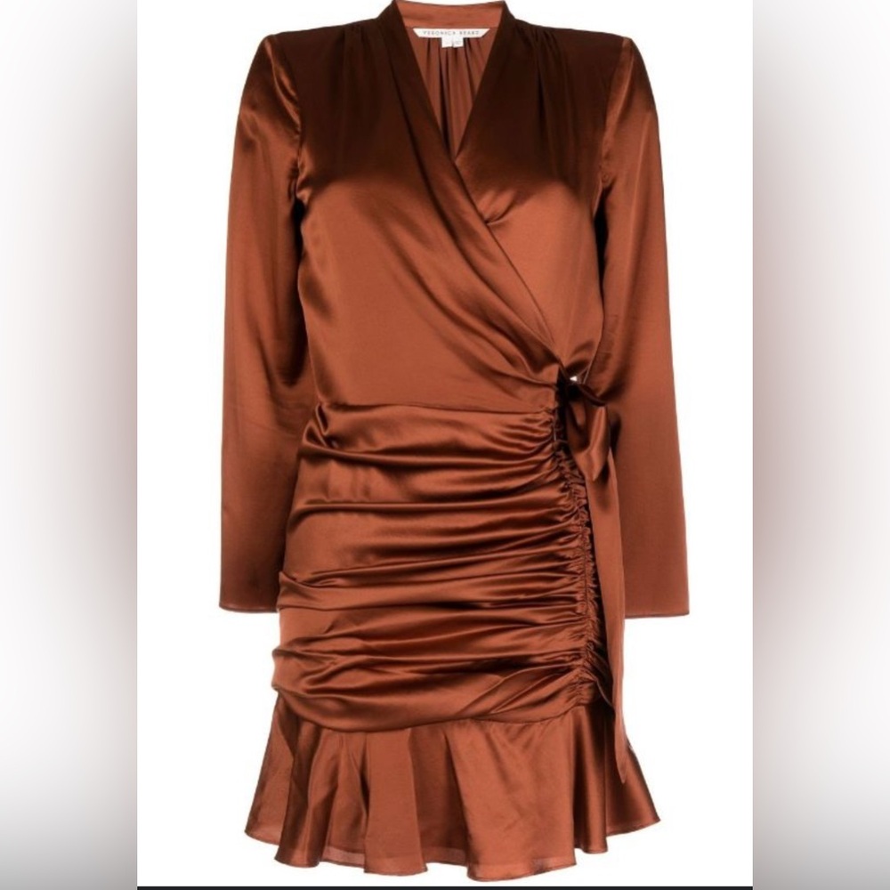 NWT Veronica Beard Agatha rust Brown Silk Long Sleeve Ruched wrap Dress